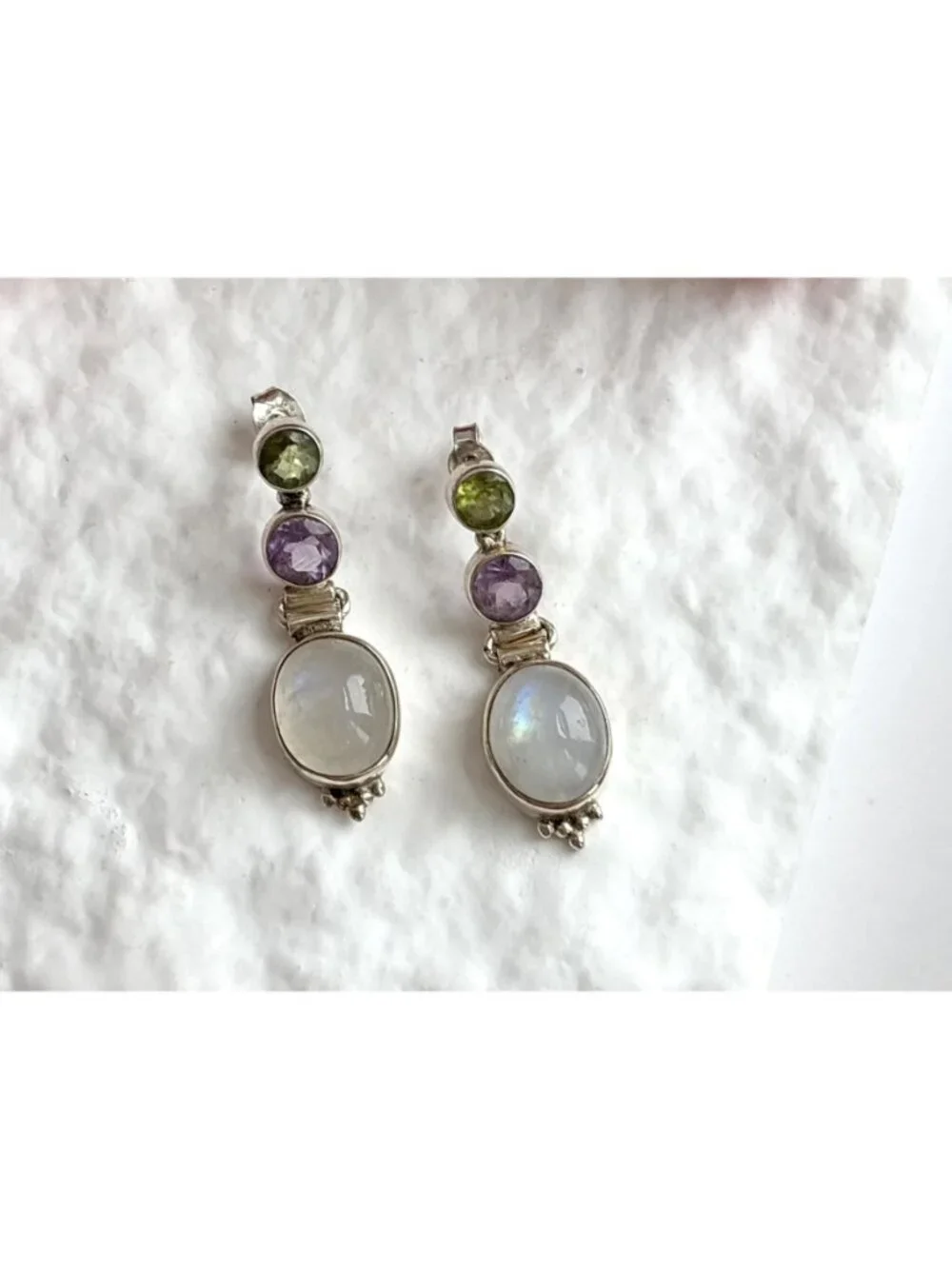 Moonstone, Amethyst & Peridot Vintage Sterling Silver 925 Dangle Drop Earrings
